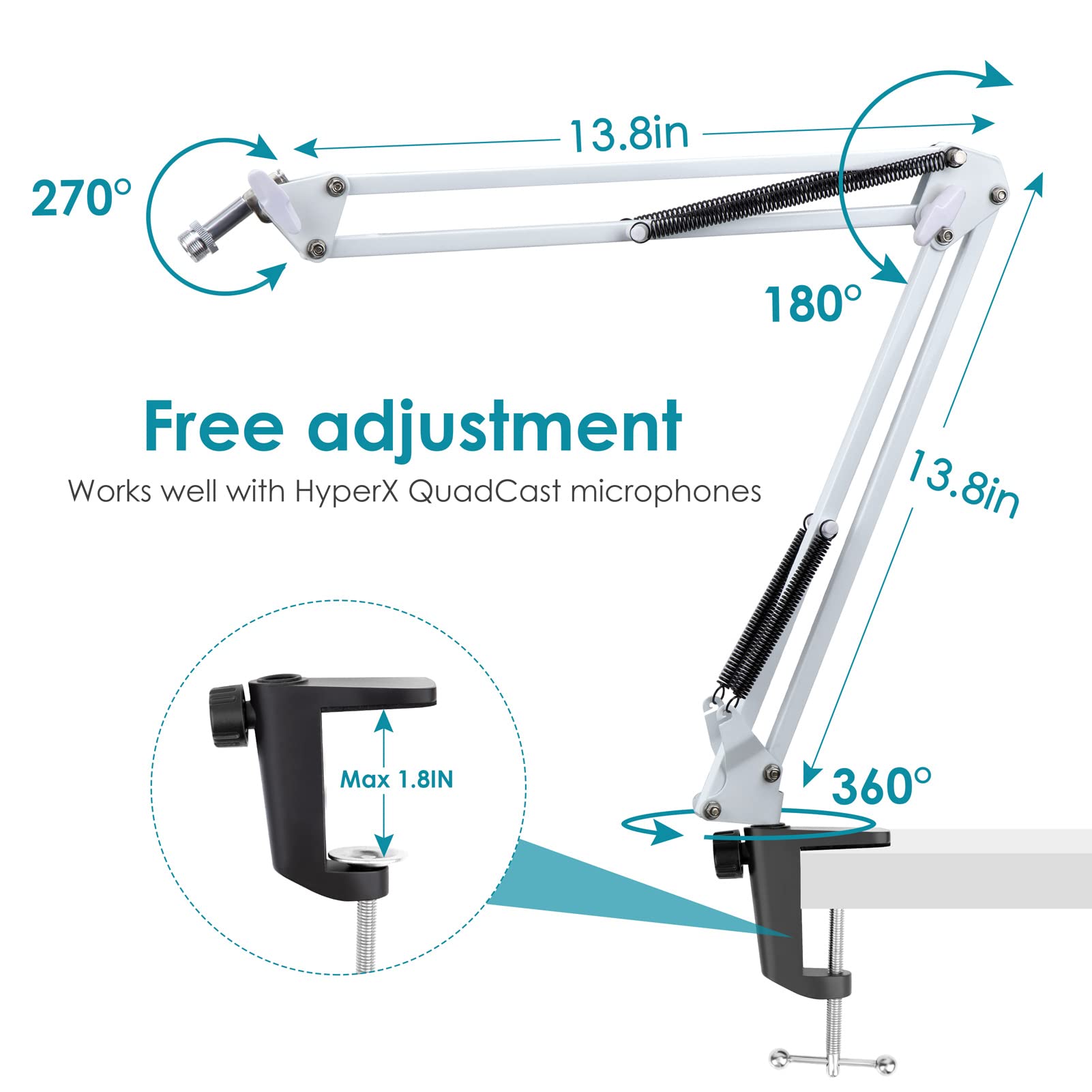 White Boom Arm for HyperX QuadCast S - White Mic Arm Compatible with Hyperx Quadcast White Microphone, Premium White QuadCast S